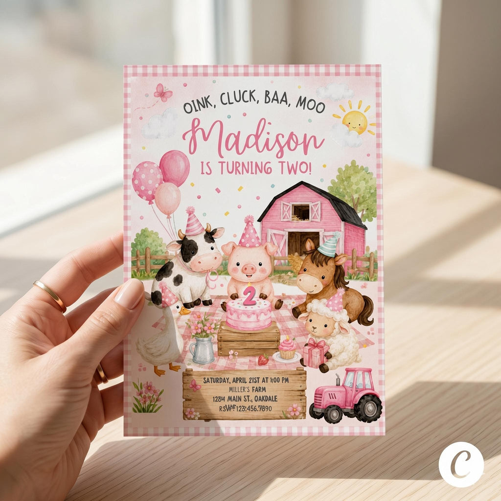 Editable Pink Farm Birthday invitation-farm theme invite-barn animals with party hats (Editable Canva Template)