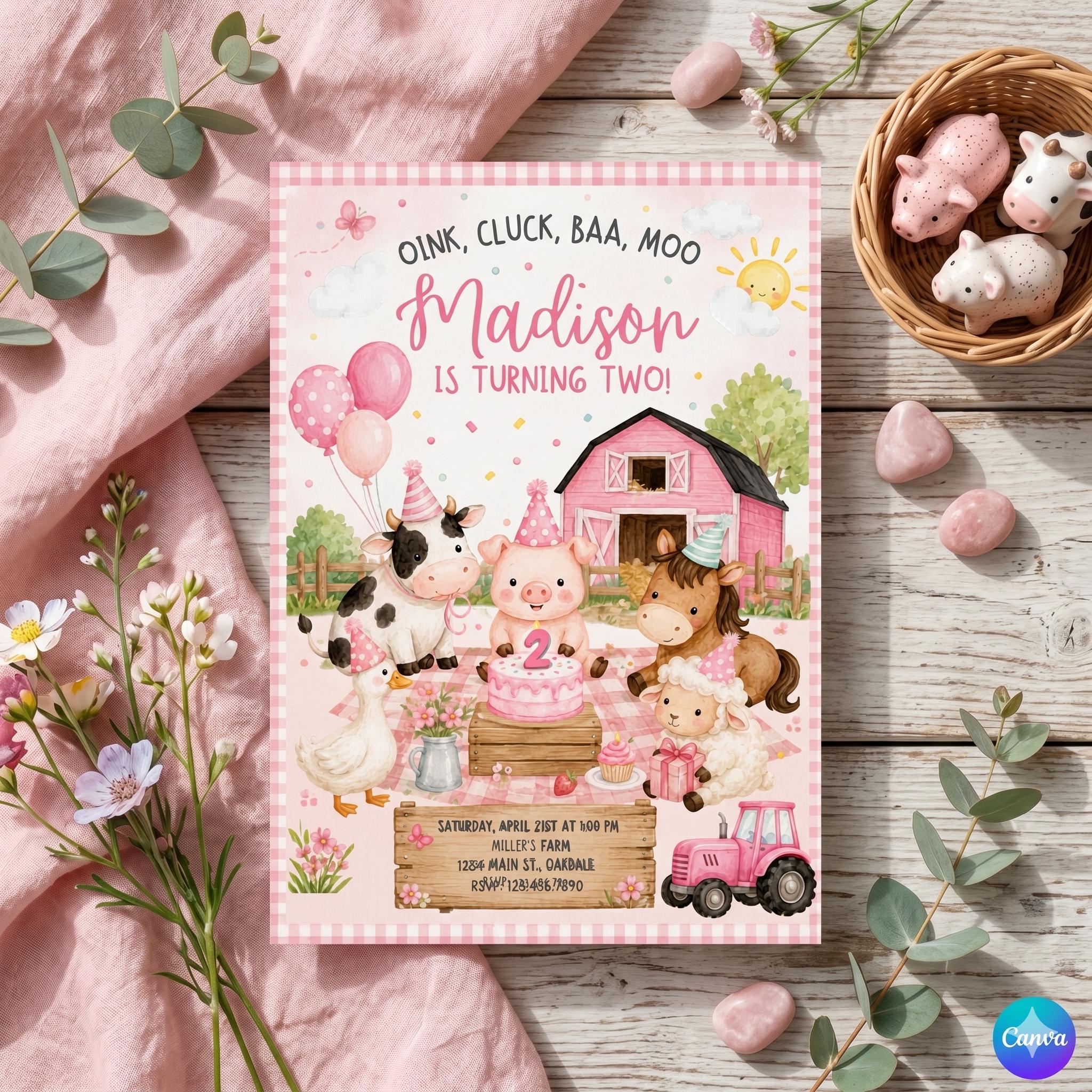 Editable Pink Farm Birthday invitation-farm theme invite-barn animals with party hats (Editable Canva Template)