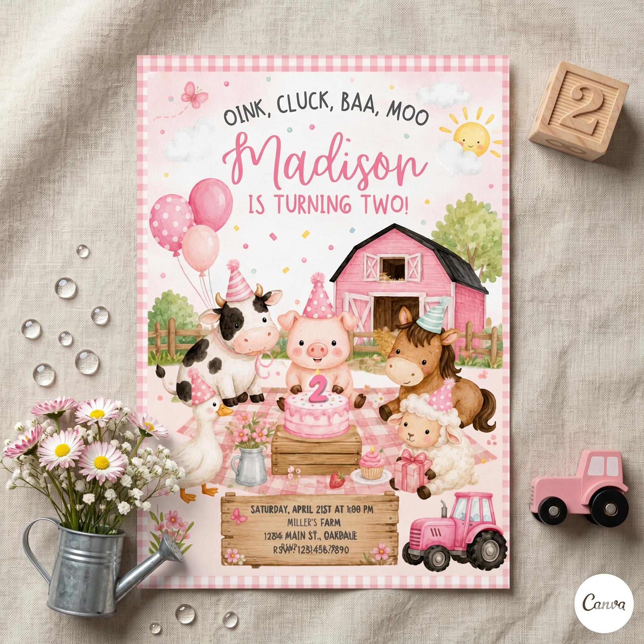 Editable Pink Farm Birthday invitation-farm theme invite-barn animals with party hats (Editable Canva Template)