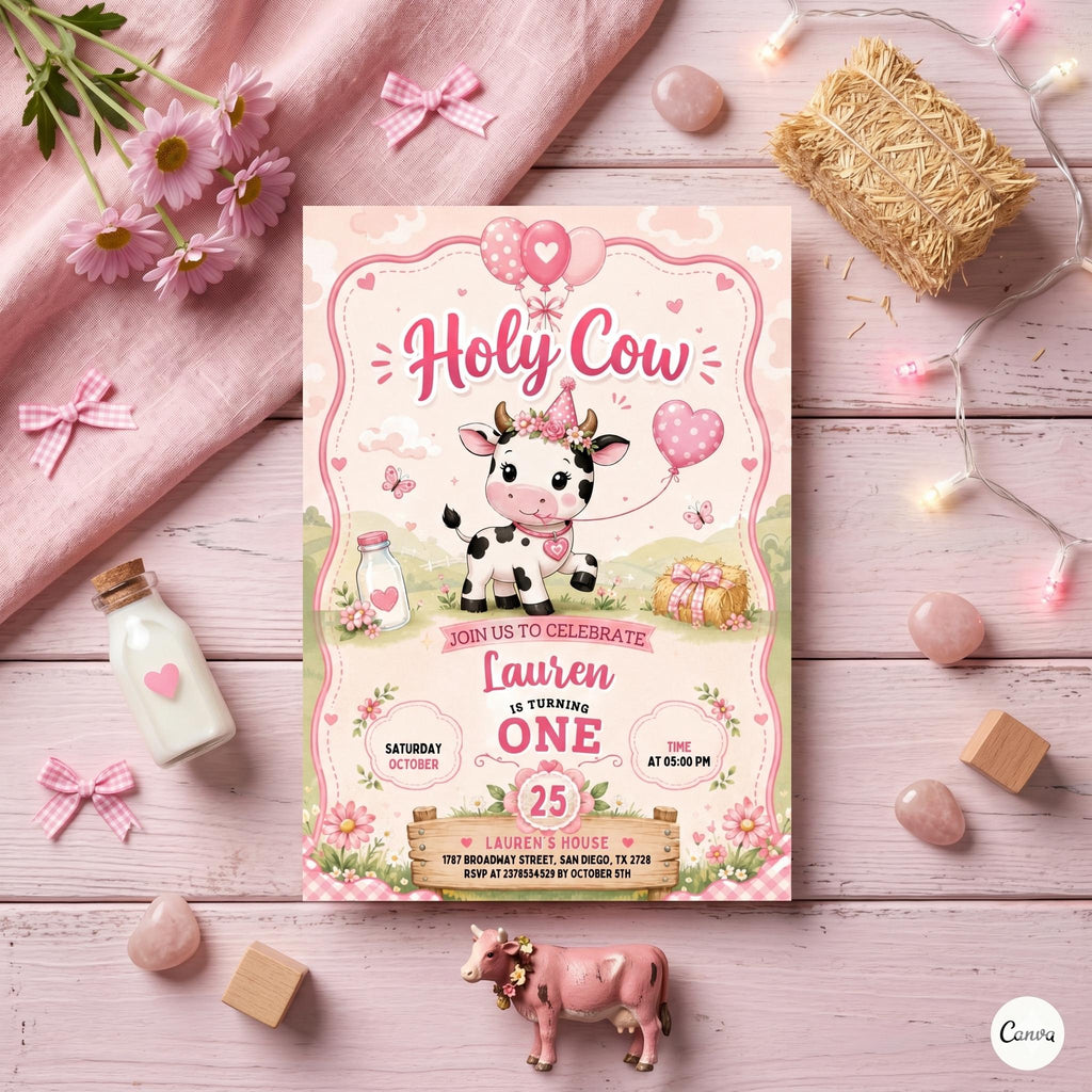 Holy Cow Party Birthday Invitation, Banyard Party Invitation, Holy Cow Invitation, Editable Canva Template , Cowgirl Party Invitation