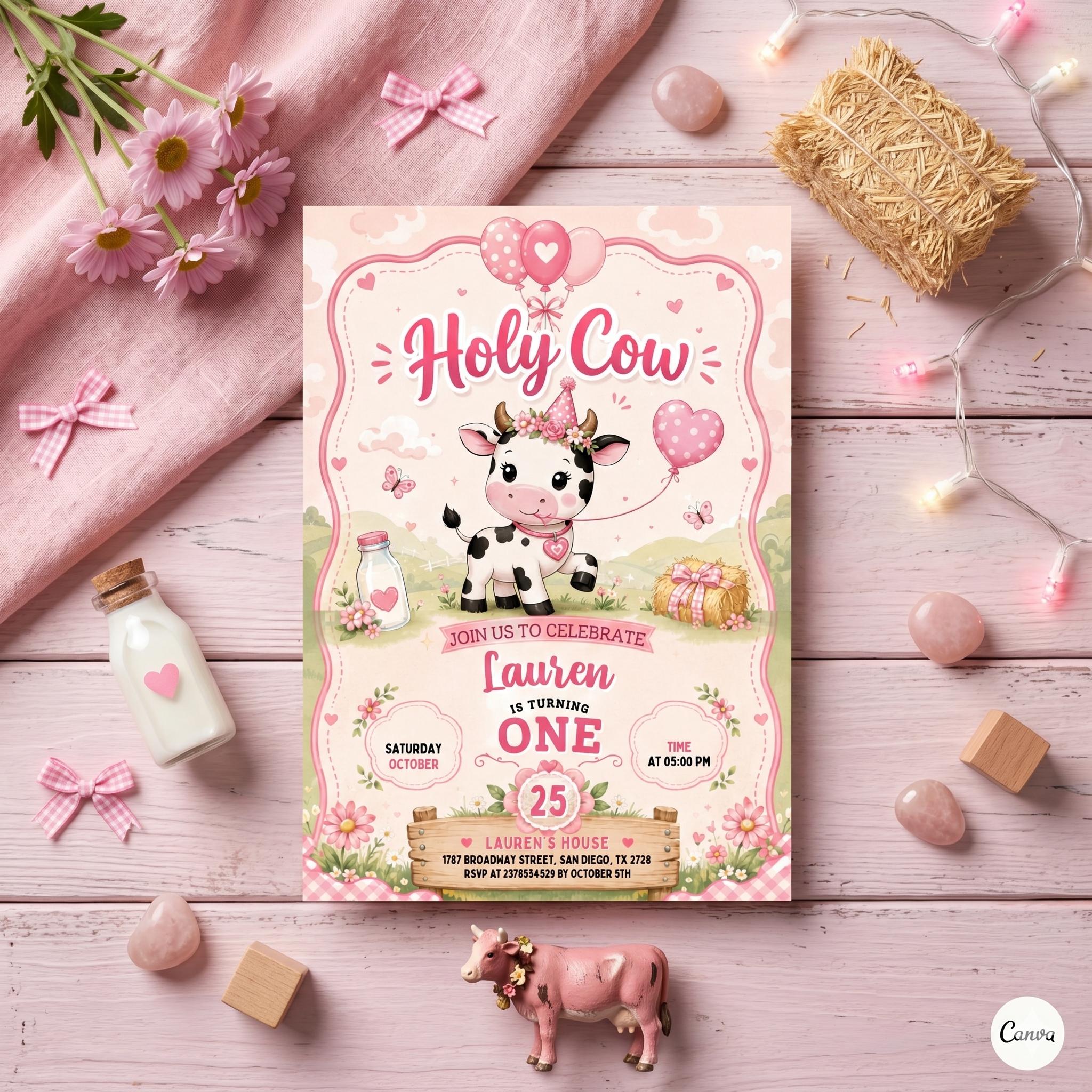 Holy Cow Party Birthday Invitation, Banyard Party Invitation, Holy Cow Invitation, Editable Canva Template , Cowgirl Party Invitation