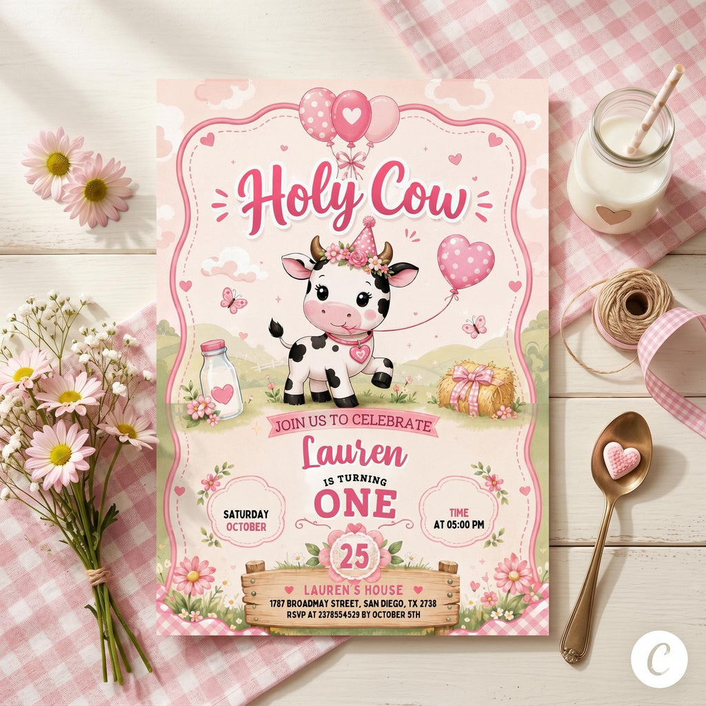 Holy Cow Party Birthday Invitation, Banyard Party Invitation, Holy Cow Invitation, Editable Canva Template , Cowgirl Party Invitation