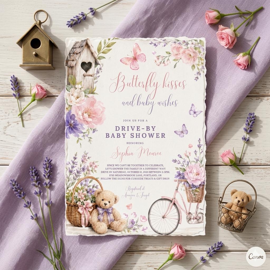 Editable Butterfly Kisses Baby Shower Invitation ,Baby Wishes Drive By Sprinkle Blush Pink Purple Shower Invitation(Digital Download)