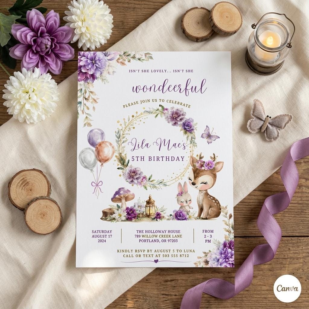 Woodland Deer Birthday Invitation Template: Wondeerful ANY AGE Birthday Invite Printable Template (Digital Download)