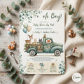 Woodland Animals Baby Shower By Mail Invitation Boy Blue Pickup Truck Deer Bear Shower By Mail Printable (Canva Template)