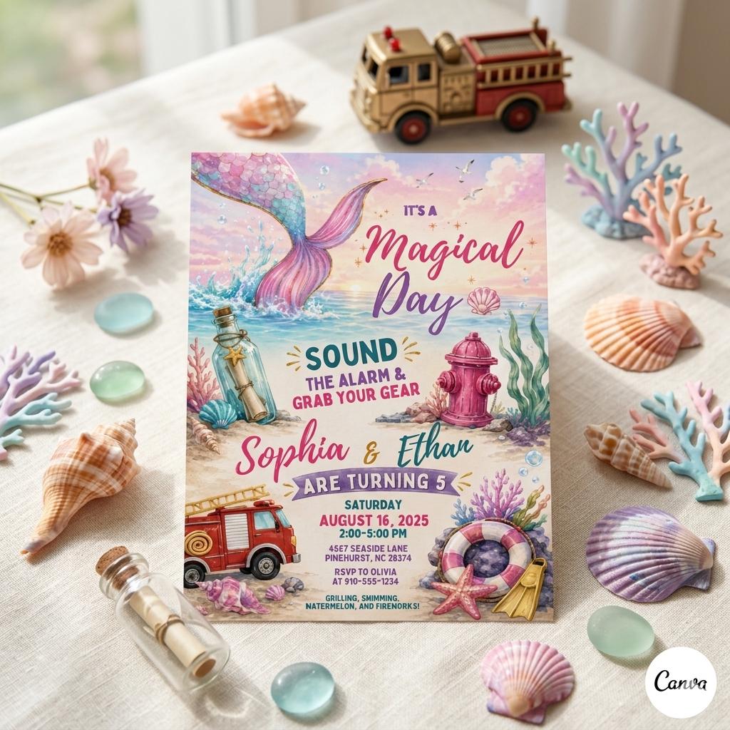 Editable Mermaid Birthday Invitation Template , Boy Girl Invite (Digital Download)