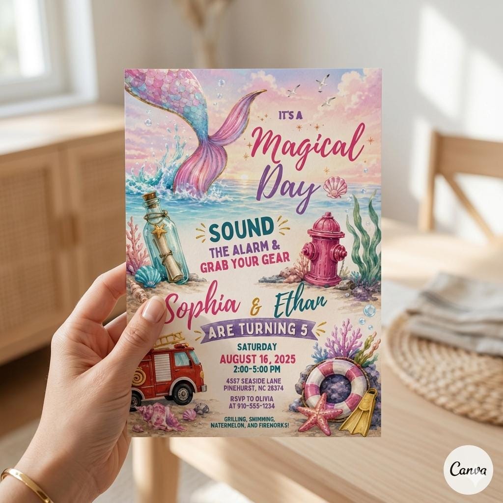 Editable Mermaid Birthday Invitation Template , Boy Girl Invite (Digital Download)