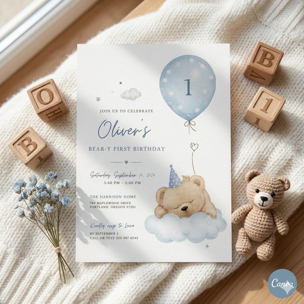 Beary First Birthday Invitation, Bear Birthday Invite, Teddy Bear First Birthday, 1st Birthday Boy, Beary 1st Birthday Party Invite, Canva