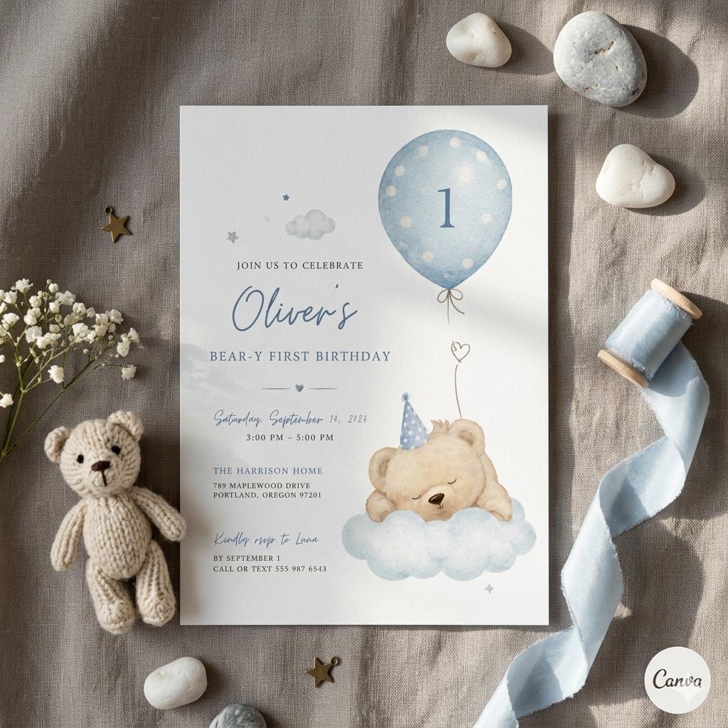 Beary First Birthday Invitation, Bear Birthday Invite, Teddy Bear First Birthday, 1st Birthday Boy, Beary 1st Birthday Party Invite, Canva