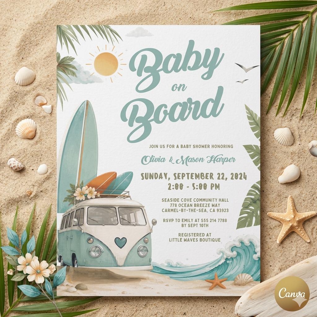 Editable Girl TWO the BEACH Surfing 2nd Birthday Party Invitation Pink Peach Surf Surfboard Beach Party Invite