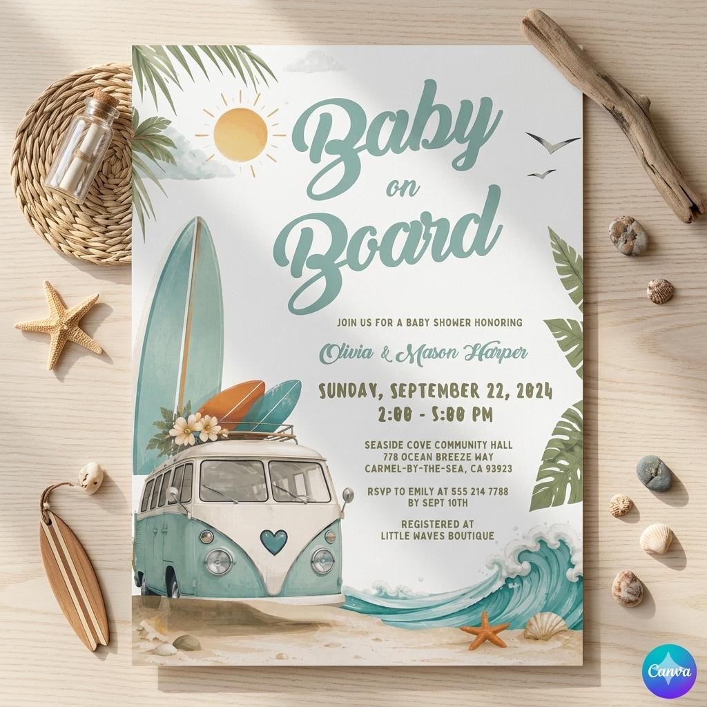 Editable Girl TWO the BEACH Surfing 2nd Birthday Party Invitation Pink Peach Surf Surfboard Beach Party Invite