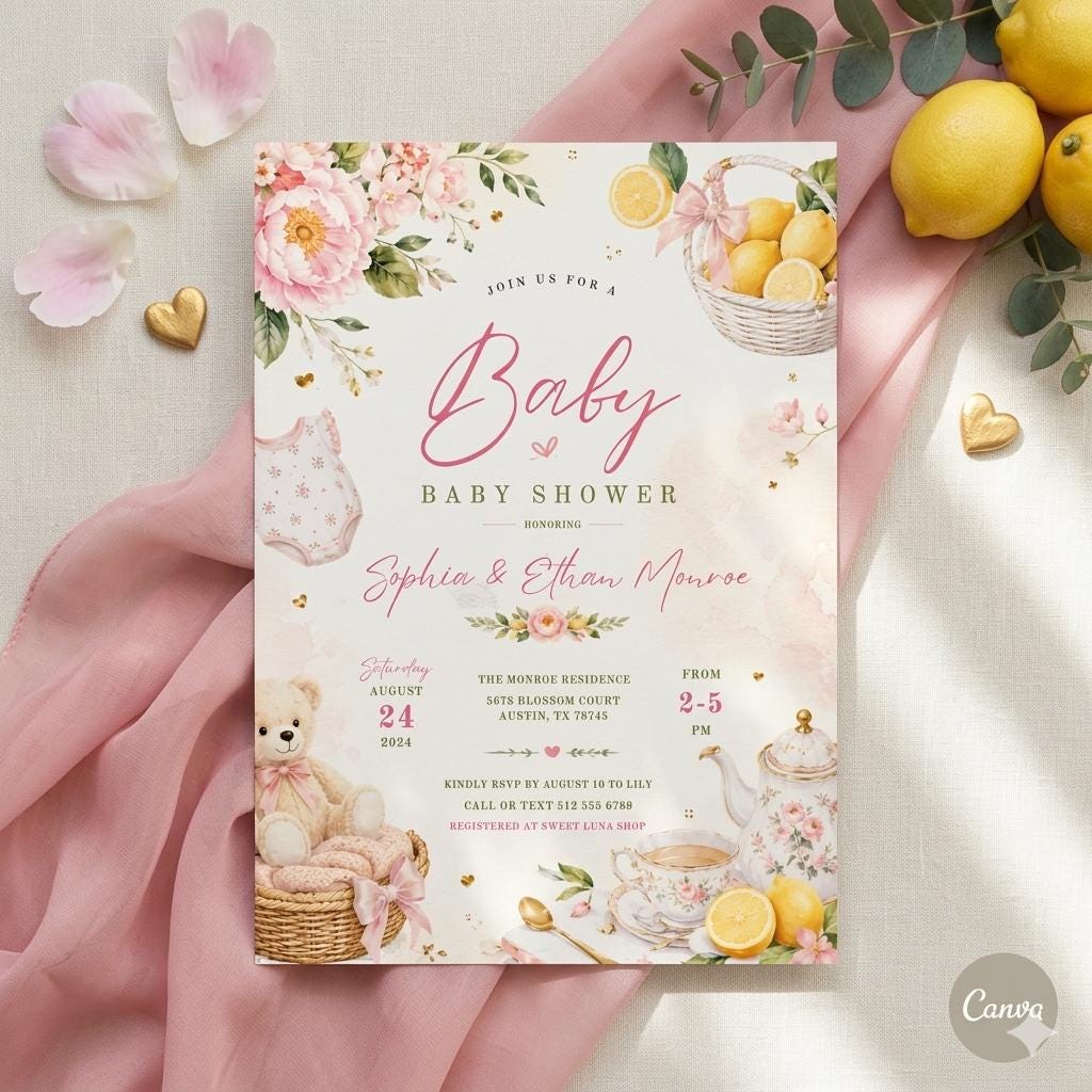 Baby Shower Invitation Template: Editable Floral Lemon Design (Digital Download)