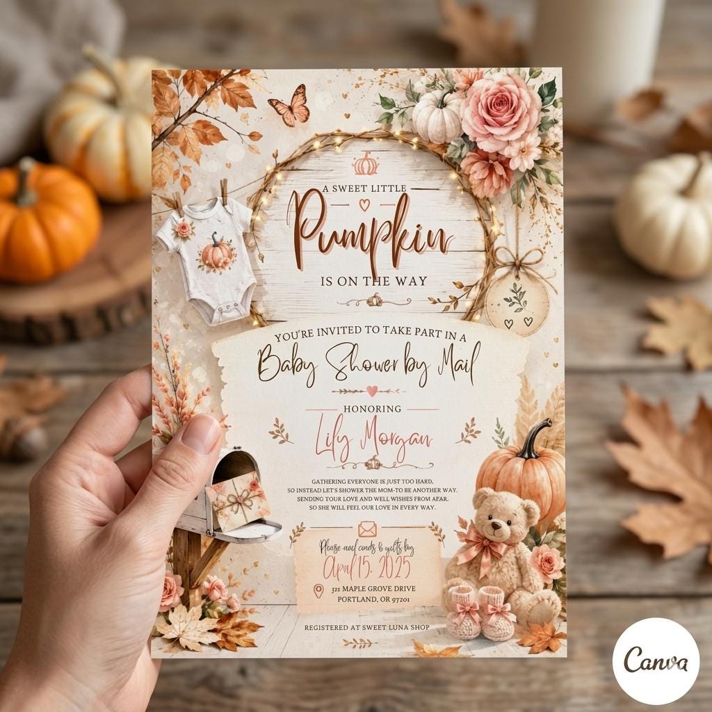 A Sweet Little Pumpkin – Baby Shower Invitation Template (Editable Canva)