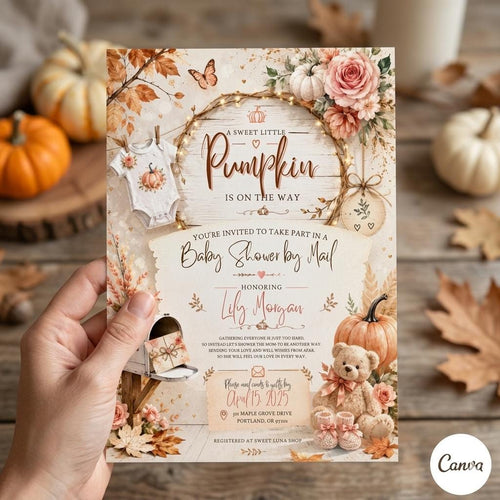 A Sweet Little Pumpkin – Baby Shower Invitation Template (Editable Canva)