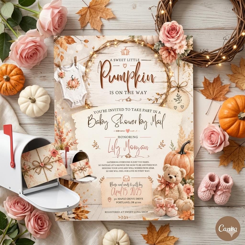 A Sweet Little Pumpkin – Baby Shower Invitation Template (Editable Canva)