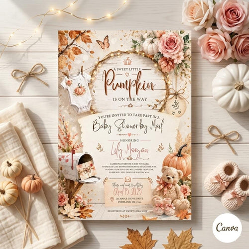 A Sweet Little Pumpkin – Baby Shower Invitation Template (Editable Canva)