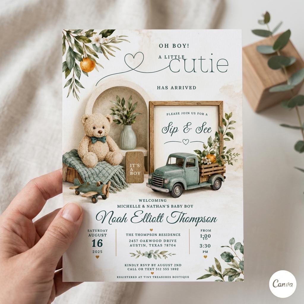 Baby Boy Sip and See Invitation Template , A Little Cutie Has arrived Blue Pickup Truck Orange Oh Boy Couple Couples (Digital Download)
