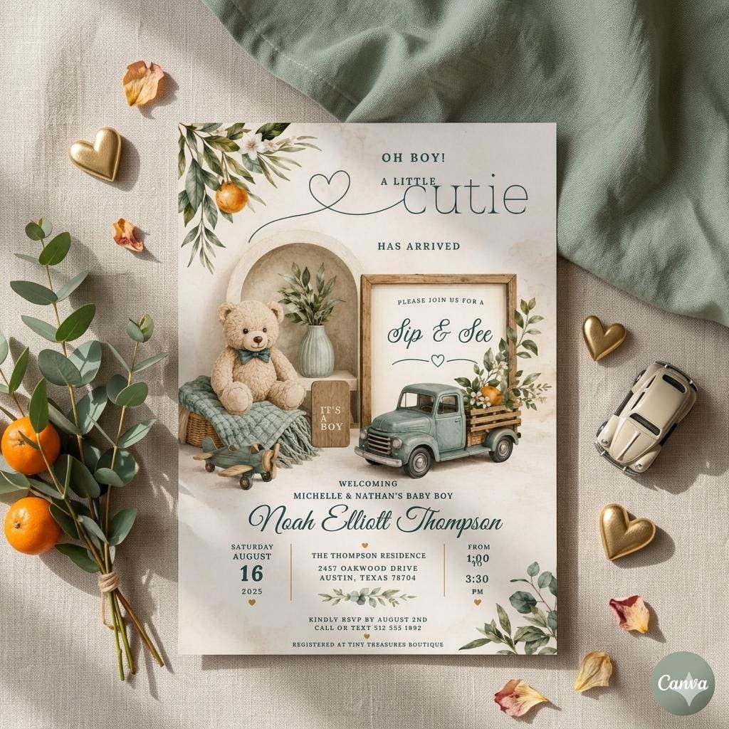 Baby Boy Sip and See Invitation Template , A Little Cutie Has arrived Blue Pickup Truck Orange Oh Boy Couple Couples (Digital Download)