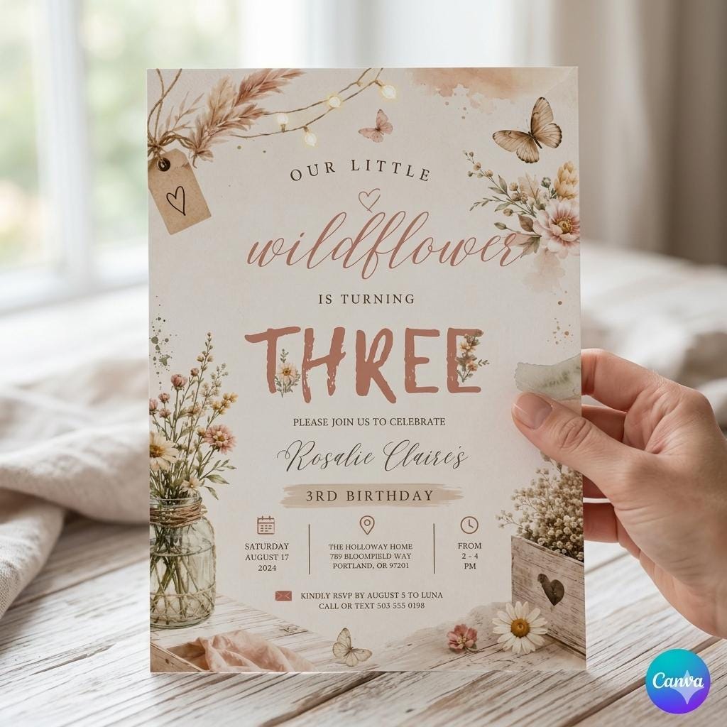 Wildflower Birthday Invitation Template: Wildflower 3rd Birthday Invitation Blush Mauve Yellow Floral Garden Flower Invite Digital Download