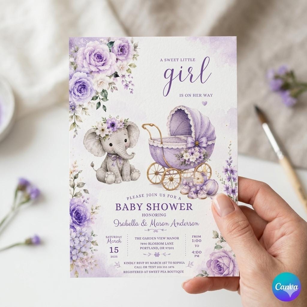 Editable Baby Shower Invitation Template: Little Girl Elephant Floral Design (Digital Download)