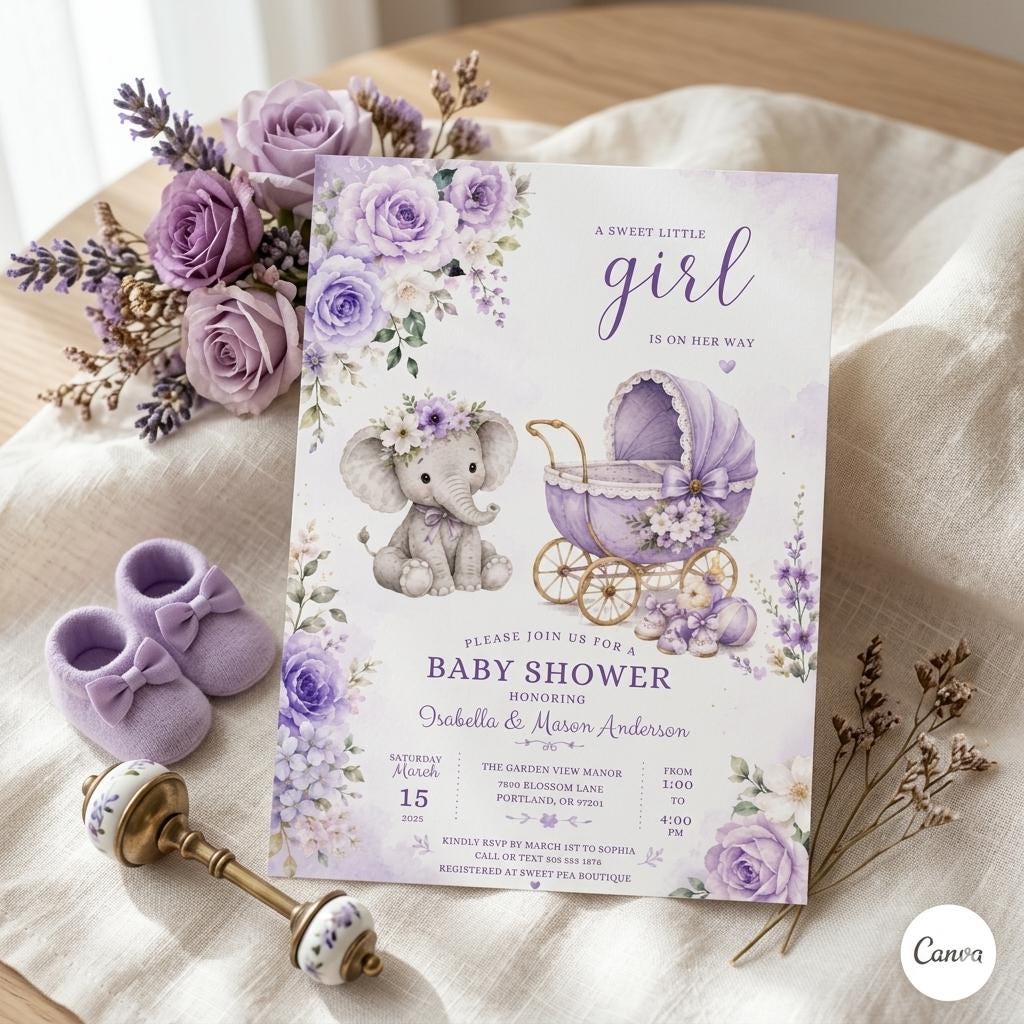 Editable Baby Shower Invitation Template: Little Girl Elephant Floral Design (Digital Download)