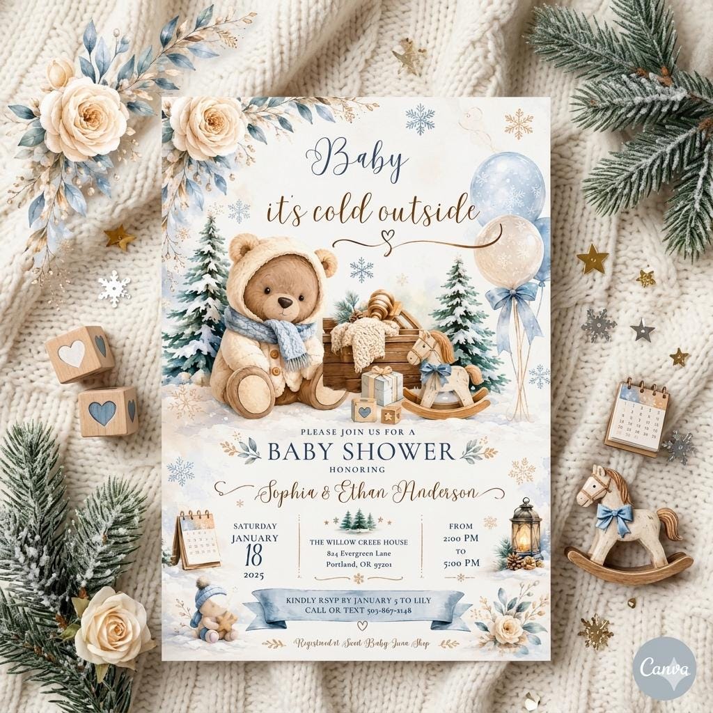 Baby It's Cold Outside Shower Invitation Template , Winter Blue Snowflake Boy Polar Bear Baby Bridal Shower Baptism (Digital Download)