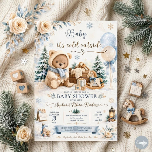 Baby It's Cold Outside Shower Invitation Template , Winter Blue Snowflake Boy Polar Bear Baby Bridal Shower Baptism (Digital Download)