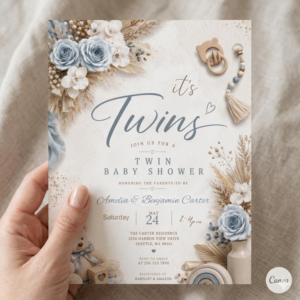 Boho Twin Baby Shower Invitation Template: Editable Canva Design (Digital Download)