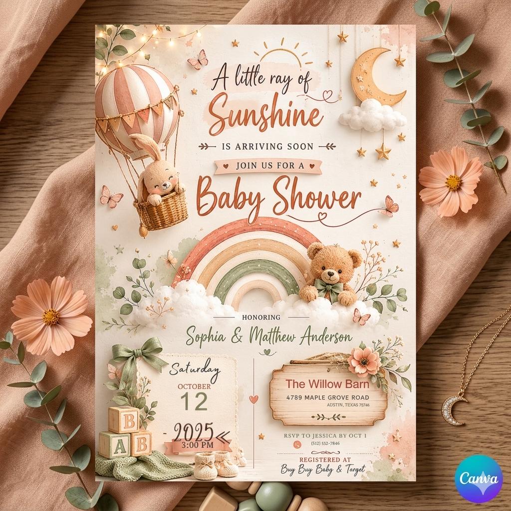 Sunshine Baby Shower Invitation Template: Gender Neutral Little Ray of Sunshine Baby Shower Invite (Digital Download)