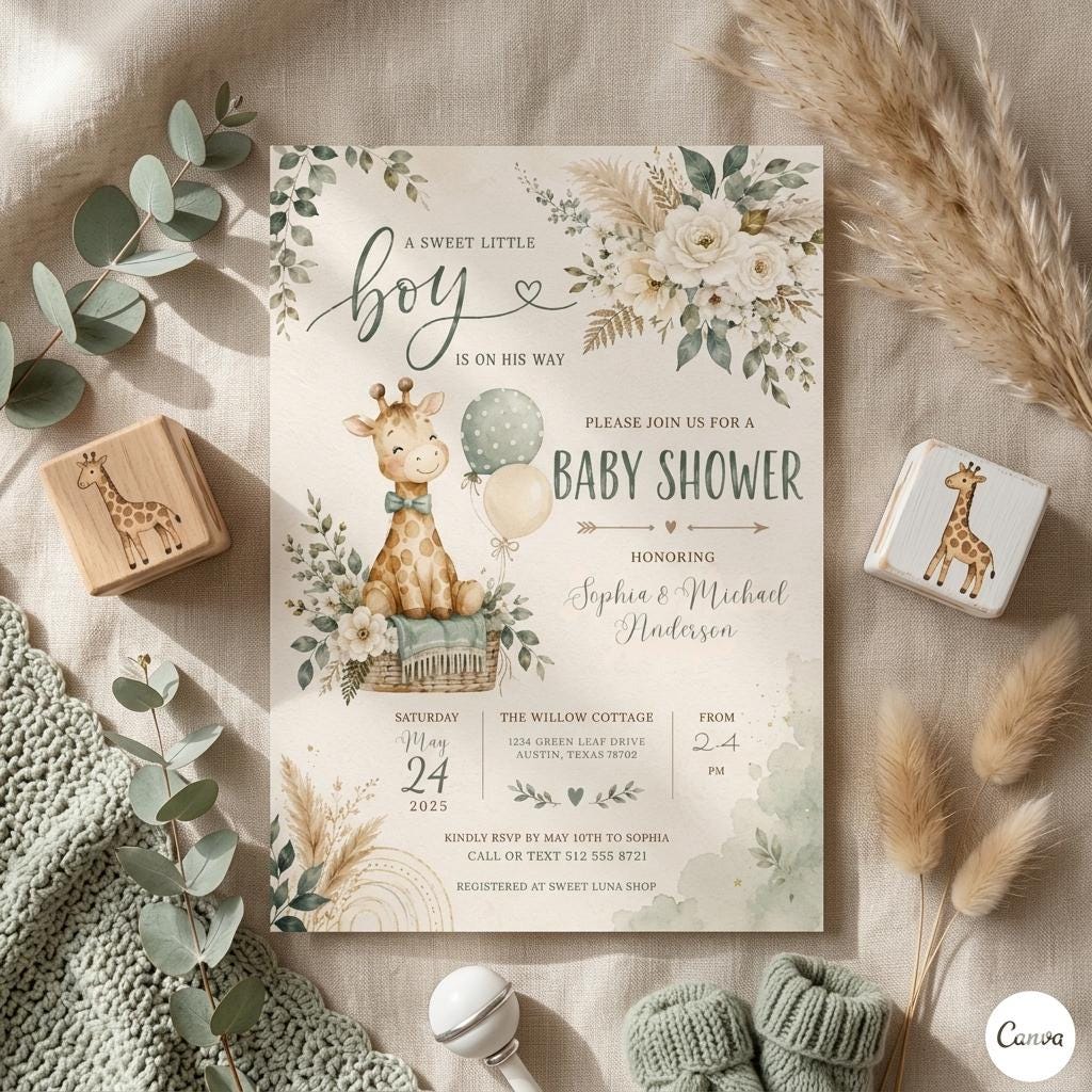 Editable Baby Shower Invitation Template: Giraffe Boy Event (Digital Download)