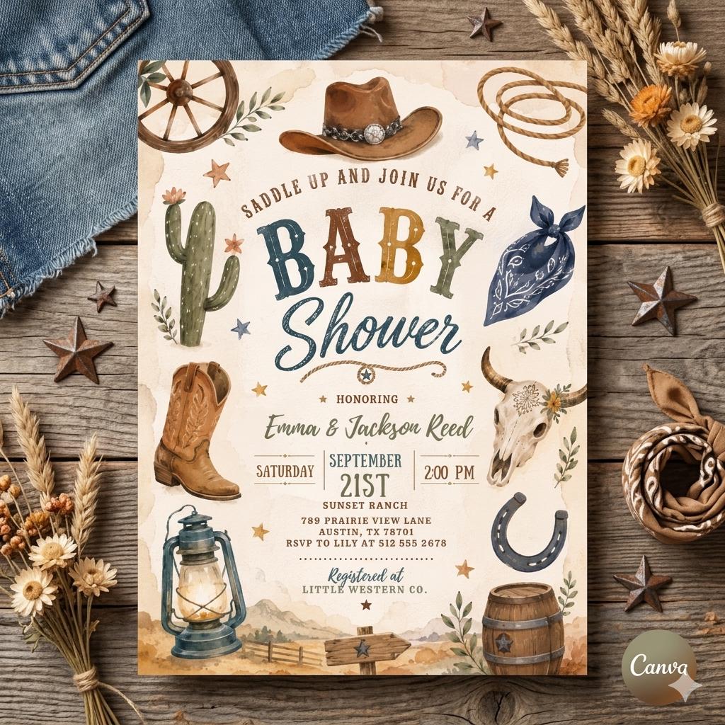 Western Baby Shower Invitation Template: Rodeo Ranch Wild West Little Cowboy Baby Shower Invite (Digital Download)