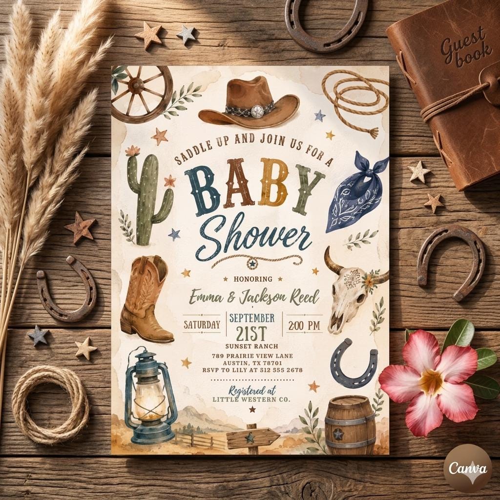 Western Baby Shower Invitation Template: Rodeo Ranch Wild West Little Cowboy Baby Shower Invite (Digital Download)