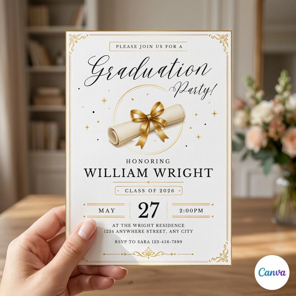 Editable Black Bow Graduation Party Invitation, Graduation Announcement Template, Minimalist Graduation Invitation, Grad Party Invite