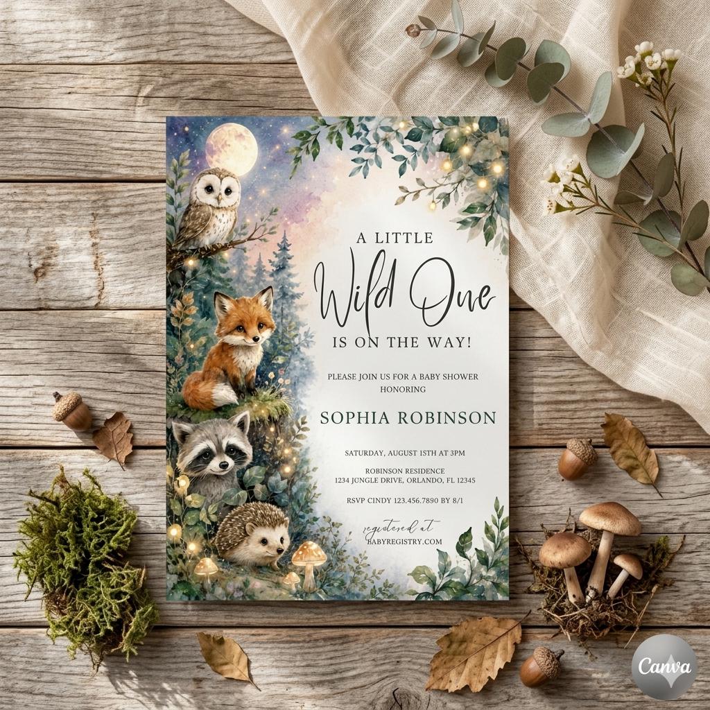Woodland Baby Shower Invitation: "A Little Wild One" Template , Greenery Woodland Animal Baby Shower Invitation (Digital Download)