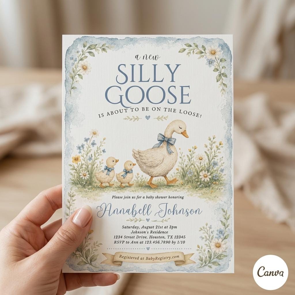 tSilly Goose Baby Shower Invitation, Coquette Bow Goose Baby Shower Invite, Preppy Girl Baby Shower Editable Printable Template
