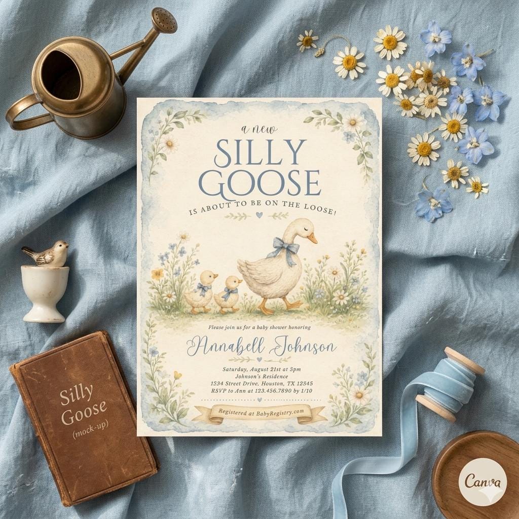 tSilly Goose Baby Shower Invitation, Coquette Bow Goose Baby Shower Invite, Preppy Girl Baby Shower Editable Printable Template