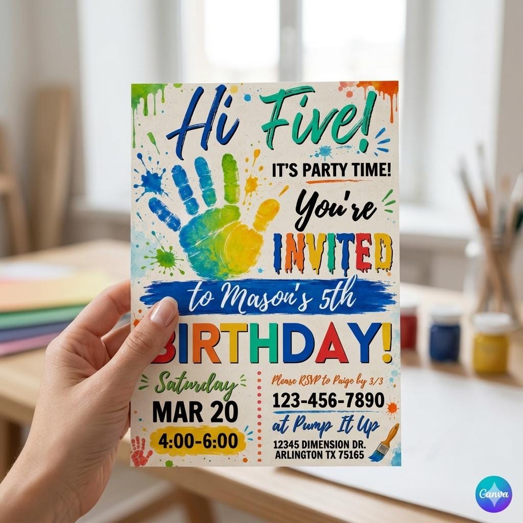 Editable Canva Birthday Invitation: Hi Five Art Party Template (Digital Download)
