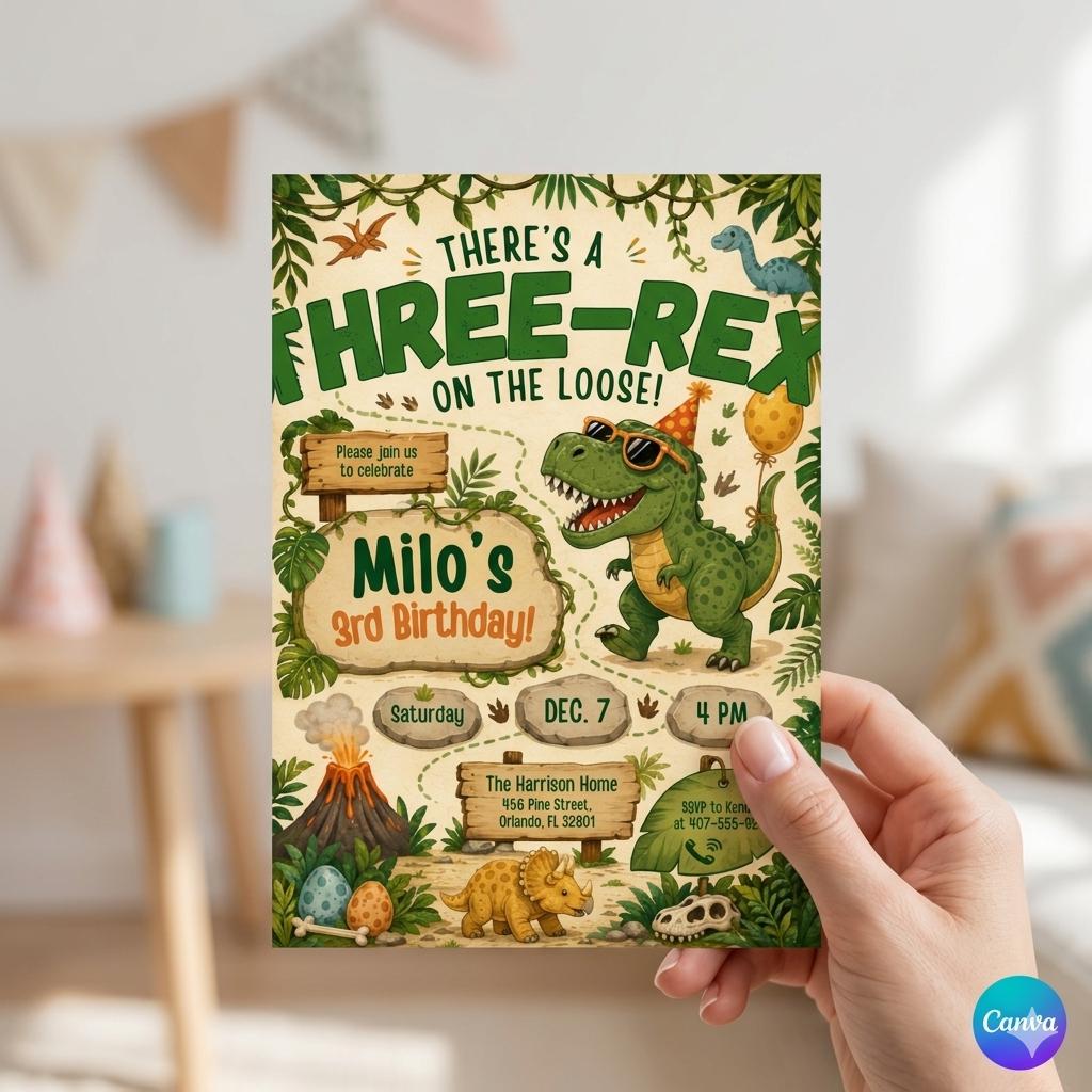 Three Rex Birthday, Dinosaur Birthday Invitation, Retro T Rex invitation, Dinosaur Invitation Template, Dino 3rd, Three Rex Boys, Canva
