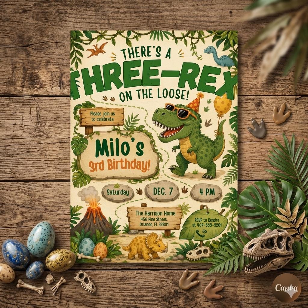 Three Rex Birthday, Dinosaur Birthday Invitation, Retro T Rex invitation, Dinosaur Invitation Template, Dino 3rd, Three Rex Boys, Canva