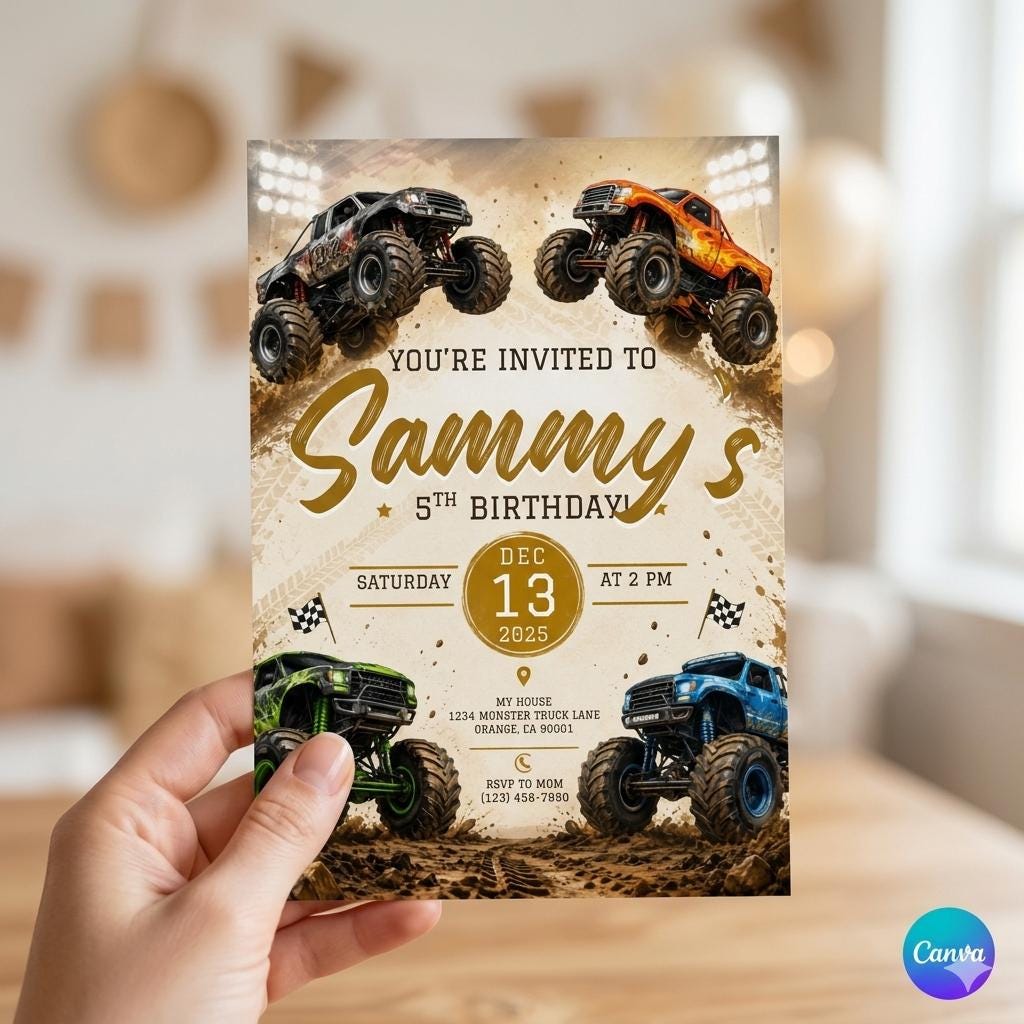 Monster Truck Birthday Invitation: Editable Canva Template (Digital Download)