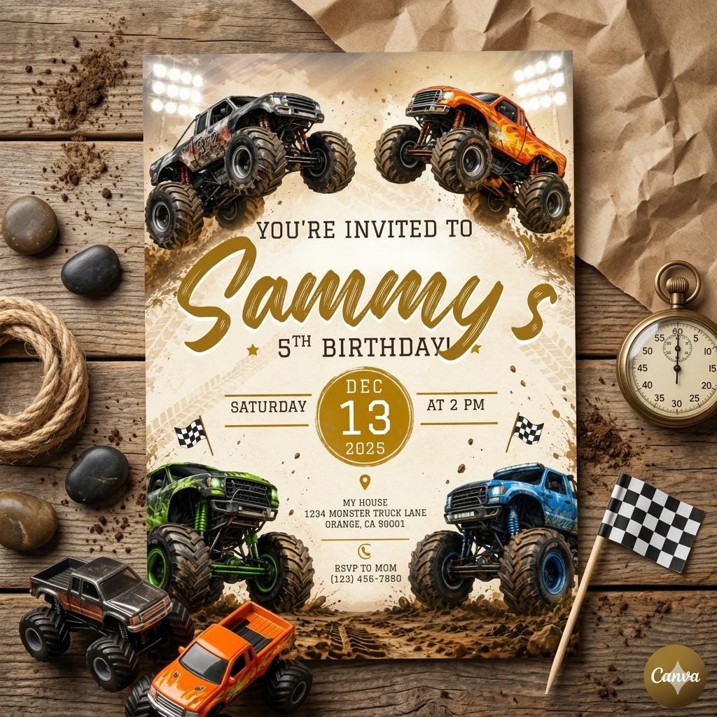Monster Truck Birthday Invitation: Editable Canva Template (Digital Download)