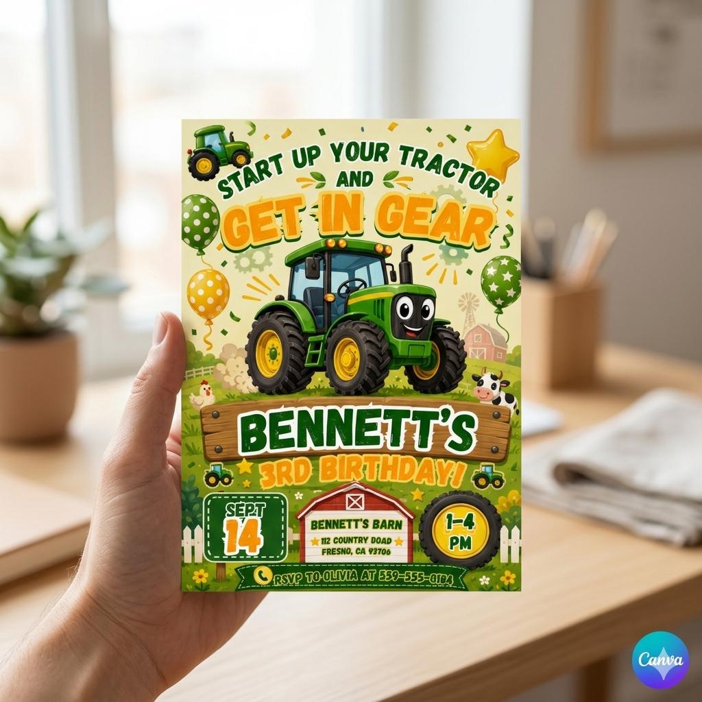 Editable Tractor Birthday Invitation, Green Tractor Ranch Party Invite For Boy Girl Printable Tractor Farm Kid Birthday Evite Canva Template