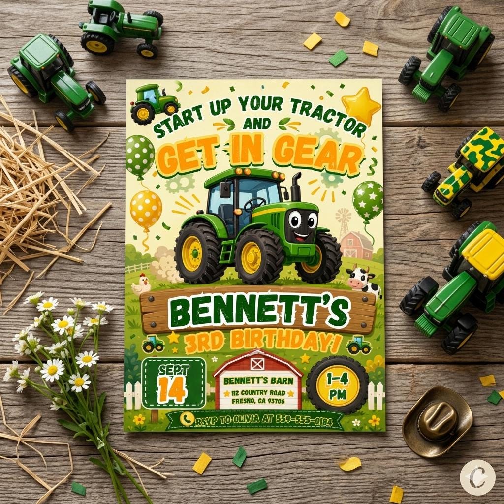 Editable Tractor Birthday Invitation, Green Tractor Ranch Party Invite For Boy Girl Printable Tractor Farm Kid Birthday Evite Canva Template