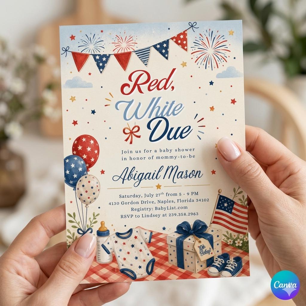 Red White and Due Baby Shower Invitation, 4th of July Baby Shower Invite, Patriotic Baby Shower, Summer Baby Shower (Editable Canva)