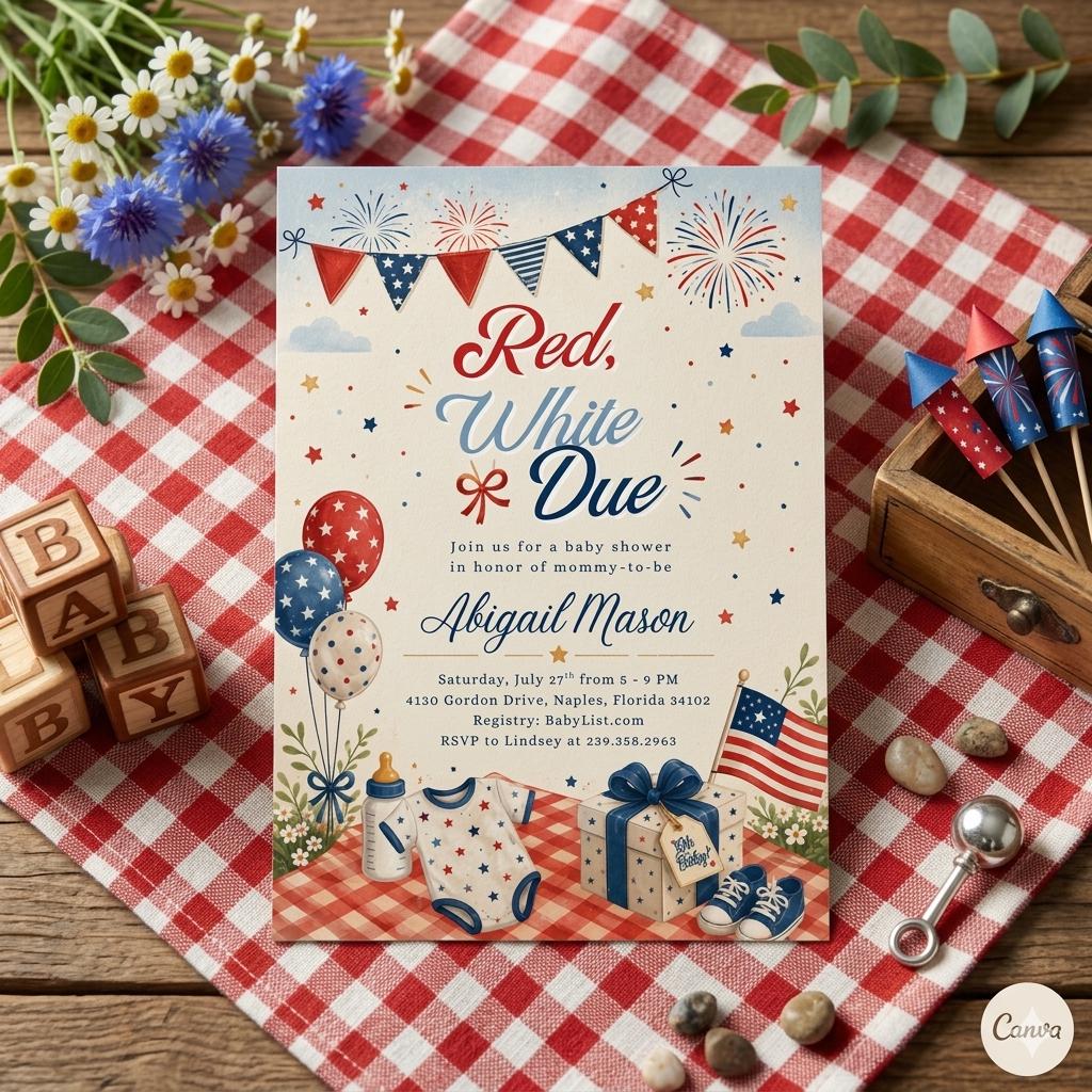 Red White and Due Baby Shower Invitation, 4th of July Baby Shower Invite, Patriotic Baby Shower, Summer Baby Shower (Editable Canva)