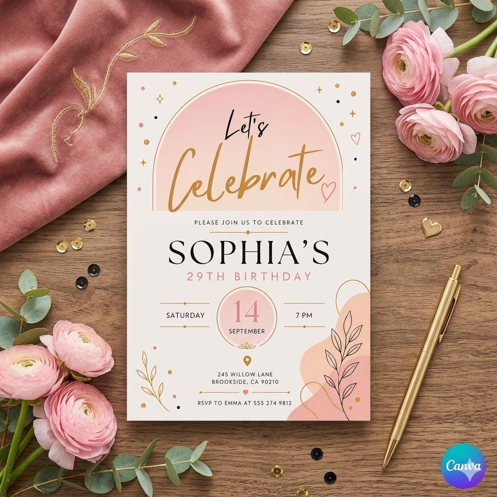 Let's Celebrate Birthday Invitation, Confetti Birthday Invitation Template, Editable Canva Template