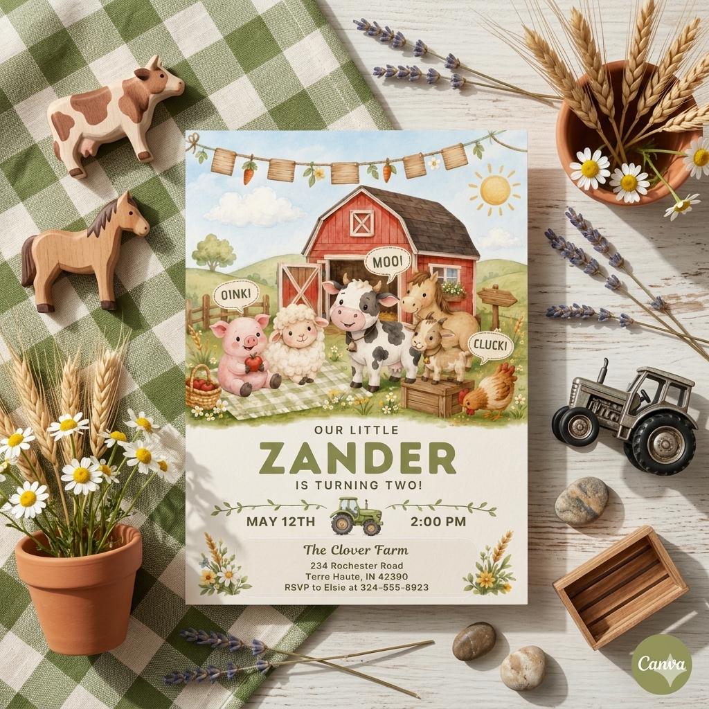 Farm Birthday Invitation: Barn Animals Bday Invite , Gender Neutral , Tractor, Cows, Horses Digital or Printed Template (Digital Download)