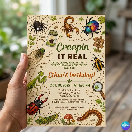Creepin It Real Bug Birthday Invite, Editable Insect Party Template, Creepy Crawly Theme Invitation, Digital Download, Canva Template
