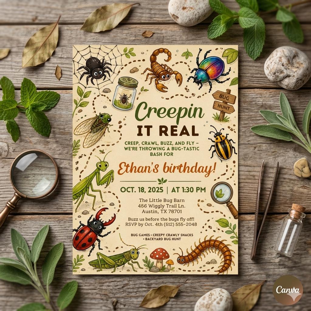Creepin It Real Bug Birthday Invite, Editable Insect Party Template, Creepy Crawly Theme Invitation, Digital Download, Canva Template