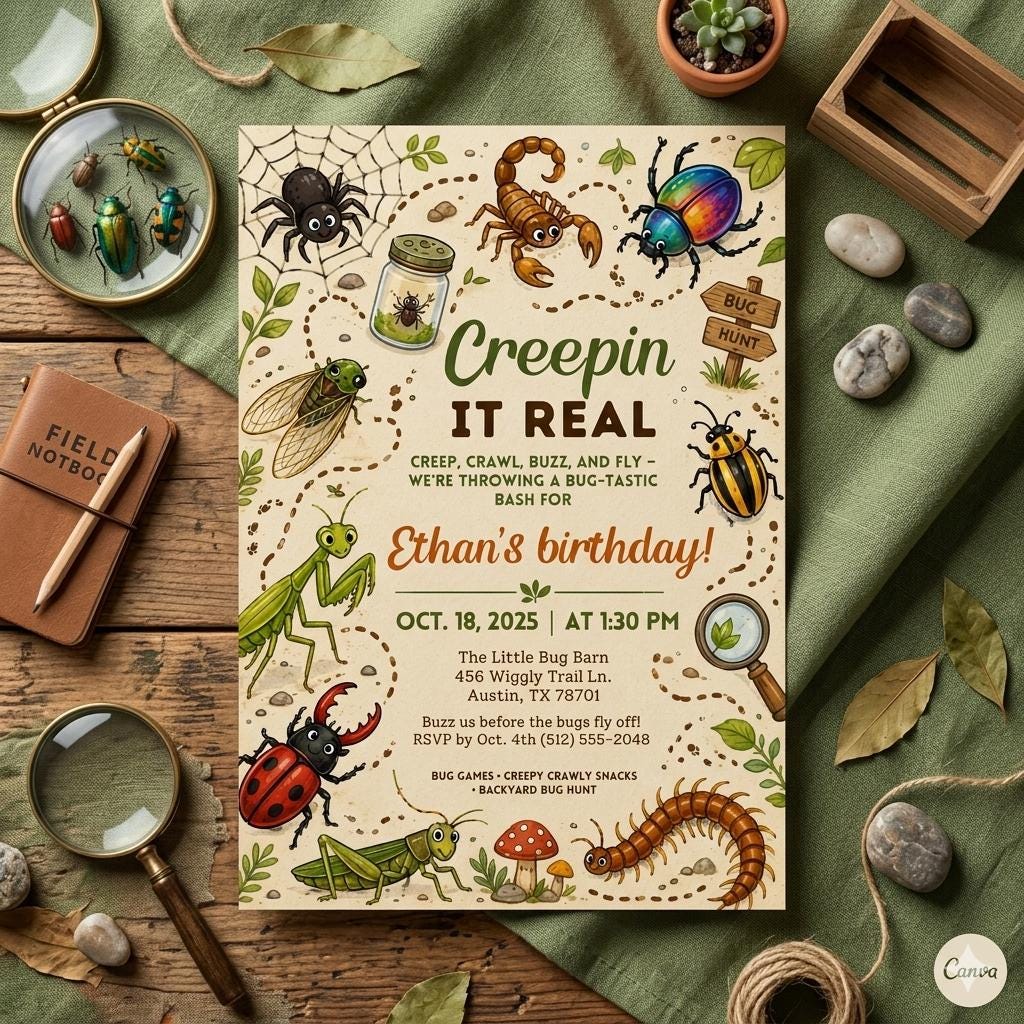 Creepin It Real Bug Birthday Invite, Editable Insect Party Template, Creepy Crawly Theme Invitation, Digital Download, Canva Template
